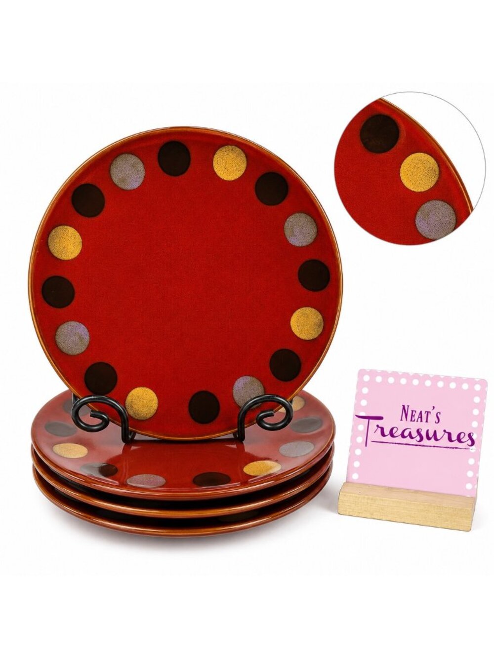 Kirkland's SEDONA Speckled Dark Red Dots Ceramic Round Dinner Plates Set 4 NEW